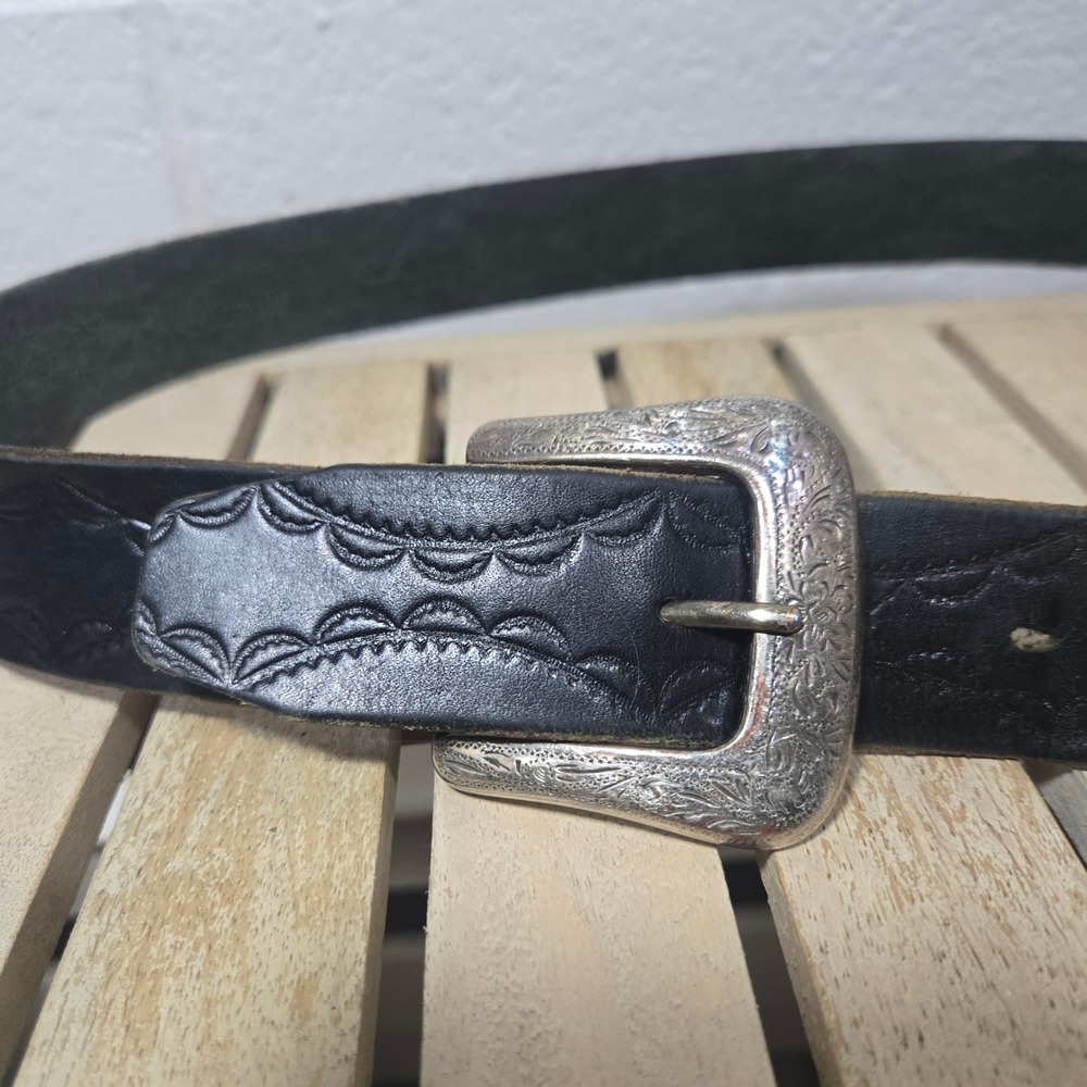 Vtg Tooled Weatern Leather Belt Black‎ Silver Engraved Buckle Rodeo Large 35-39